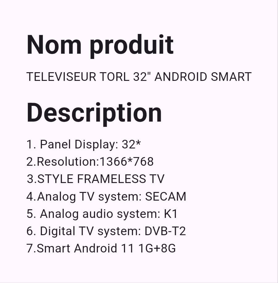 Téléviseur Torl 32" Smart Android Téléviseur Torl 32" Smart Android