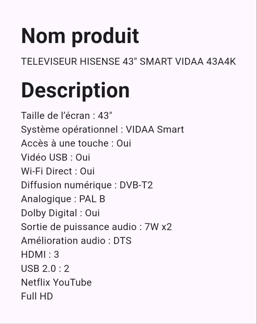 Téléviseur Hisense 43" Smart Téléviseur Hisense 43" Smart