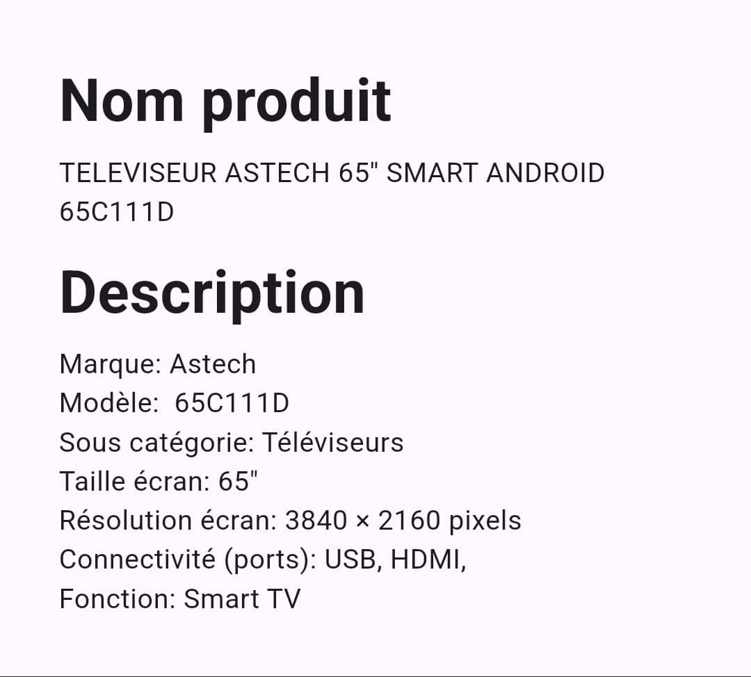 Téléviseur Astech 65" Smart Android Téléviseur Astech 65" Smart Android