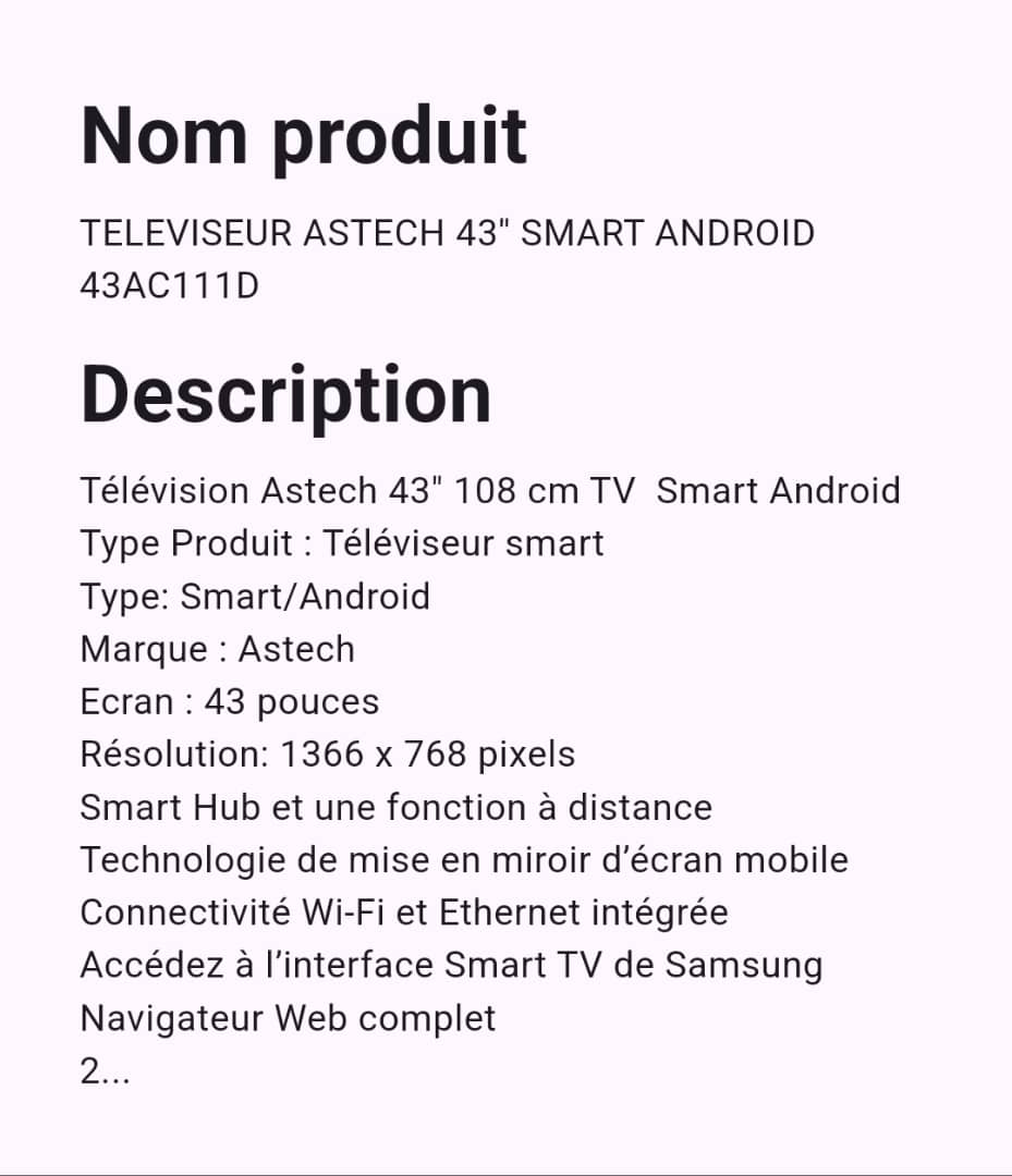Téléviseur Astech 43" Smart Android Téléviseur Astech 43" Smart Android