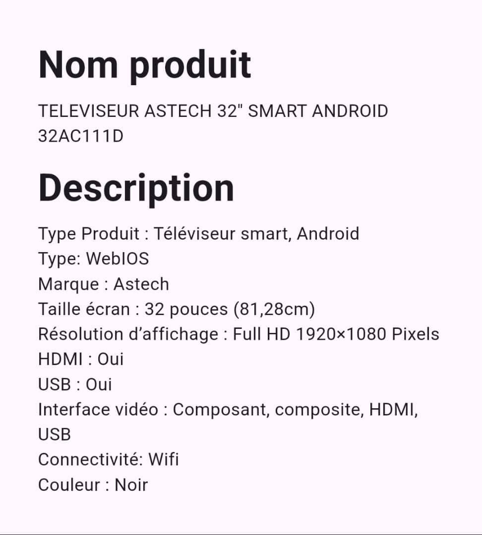 Téléviseur Astech 32" Smart Android Téléviseur Astech 32" Smart Android