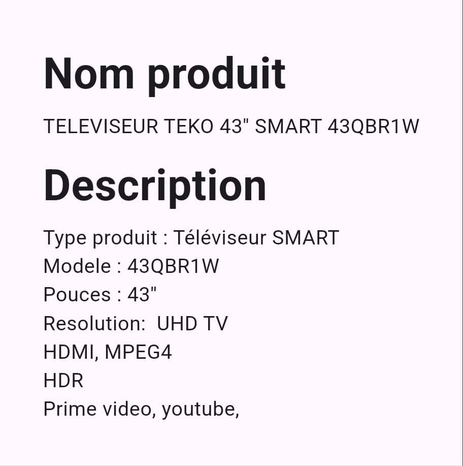 Téléviseur Teko 43" Smart Téléviseur Teko 43" Smart