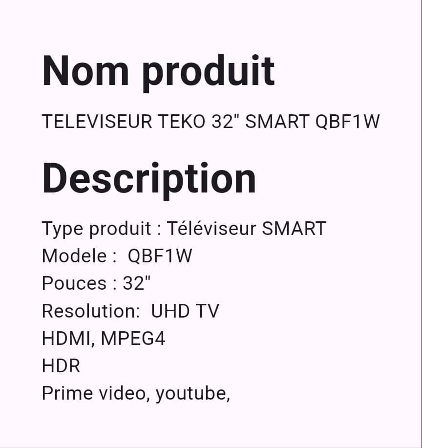 Téléviseur Teko 32" Smart Android Téléviseur Teko 32" Smart Android