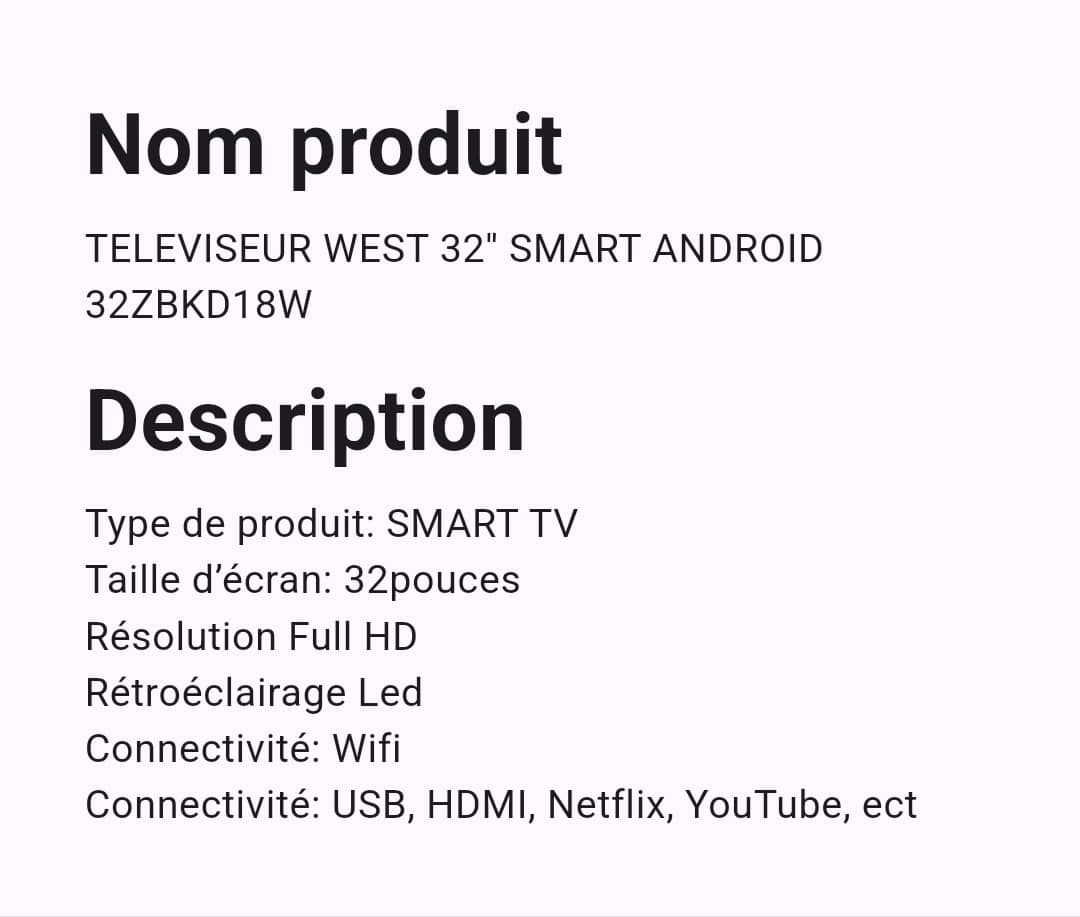 Téléviseur West 32" Smart Android Téléviseur West 32" Smart Android