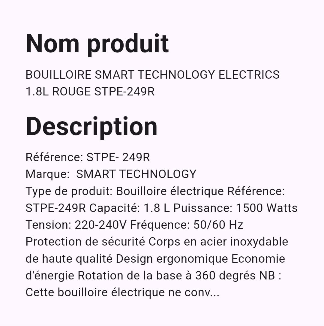 Bouilloire Smart Technology Electrique 1,8 Litres Rouge STPE249R Bouilloire Smart Technology Electrique 1,8 Litres Rouge STPE249R