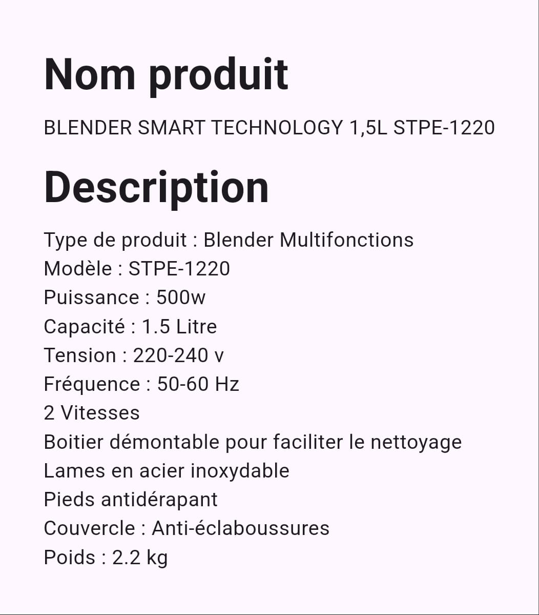 Mixeur Smart Technology 1.5 Litre STPE 1220 Mixeur Smart Technology 1.5 Litre STPE 1220