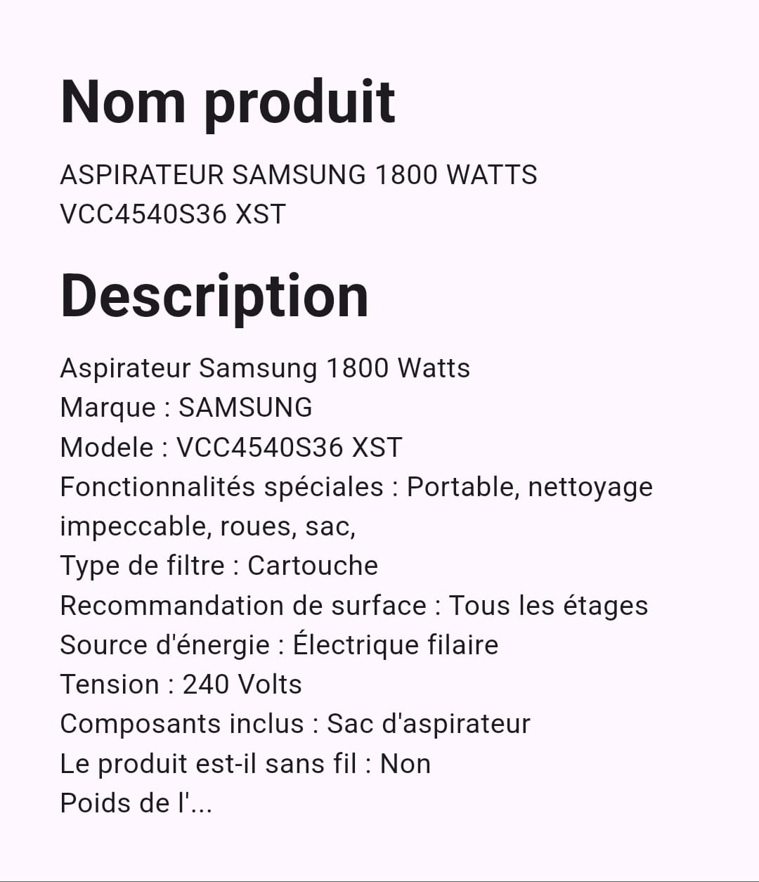 Aspirateur Samsung 1800 Watts Aspirateur Samsung 1800 Watts