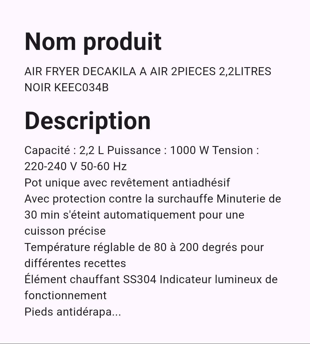 Friteuse A Air Decakila 2 Pièces 2,2 Litres Friteuse A Air Decakila 2 Pièces 2,2 Litres