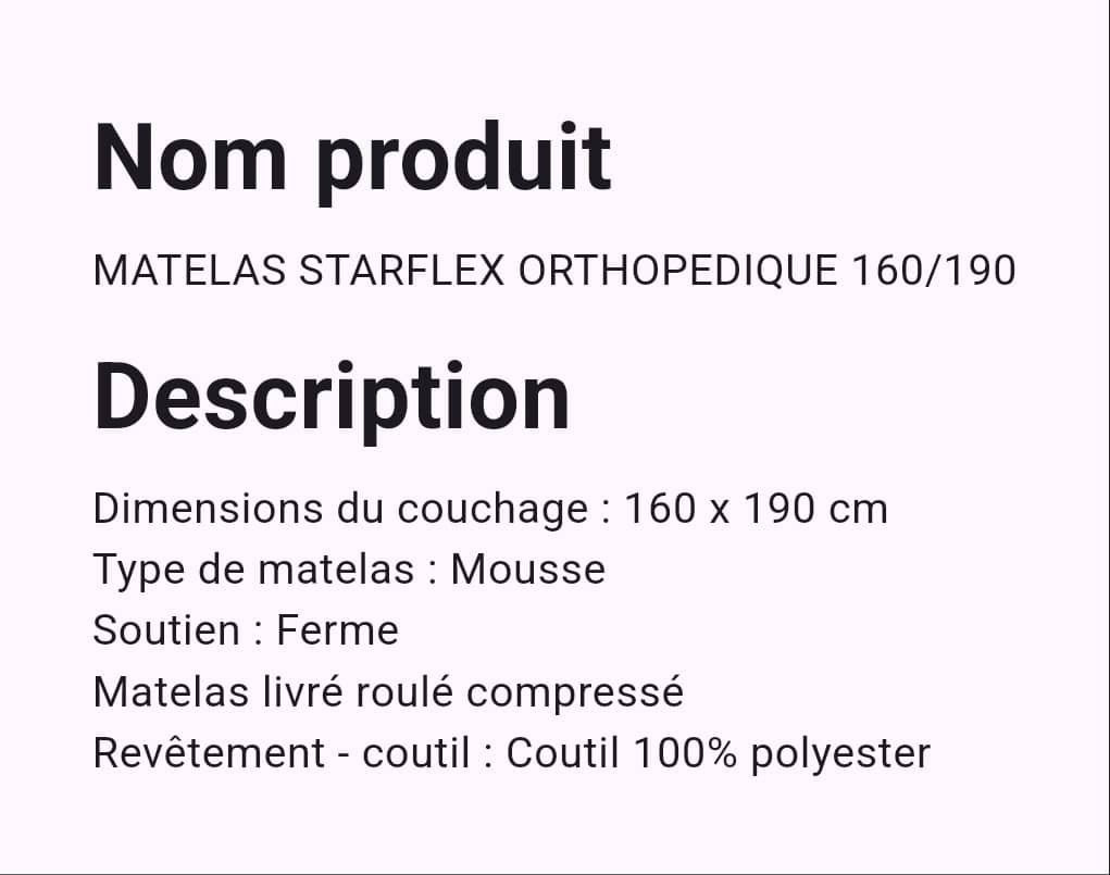Matelas Starflex orthopédique 160/190 Matelas Starflex orthopédique 160/190