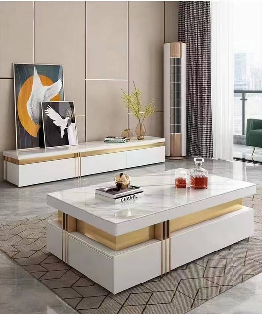 TABLE TELEVISEUR 200X40CM TV6316 + TABLE BASSE 120X60 BLANC 6316