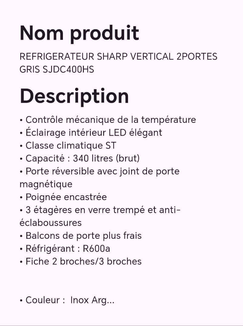 REFRIGERATEUR SHARP VERTICAL 2PORTES gris SJDC400HS REFRIGERATEUR SHARP VERTICAL 2PORTES gris SJDC400HS