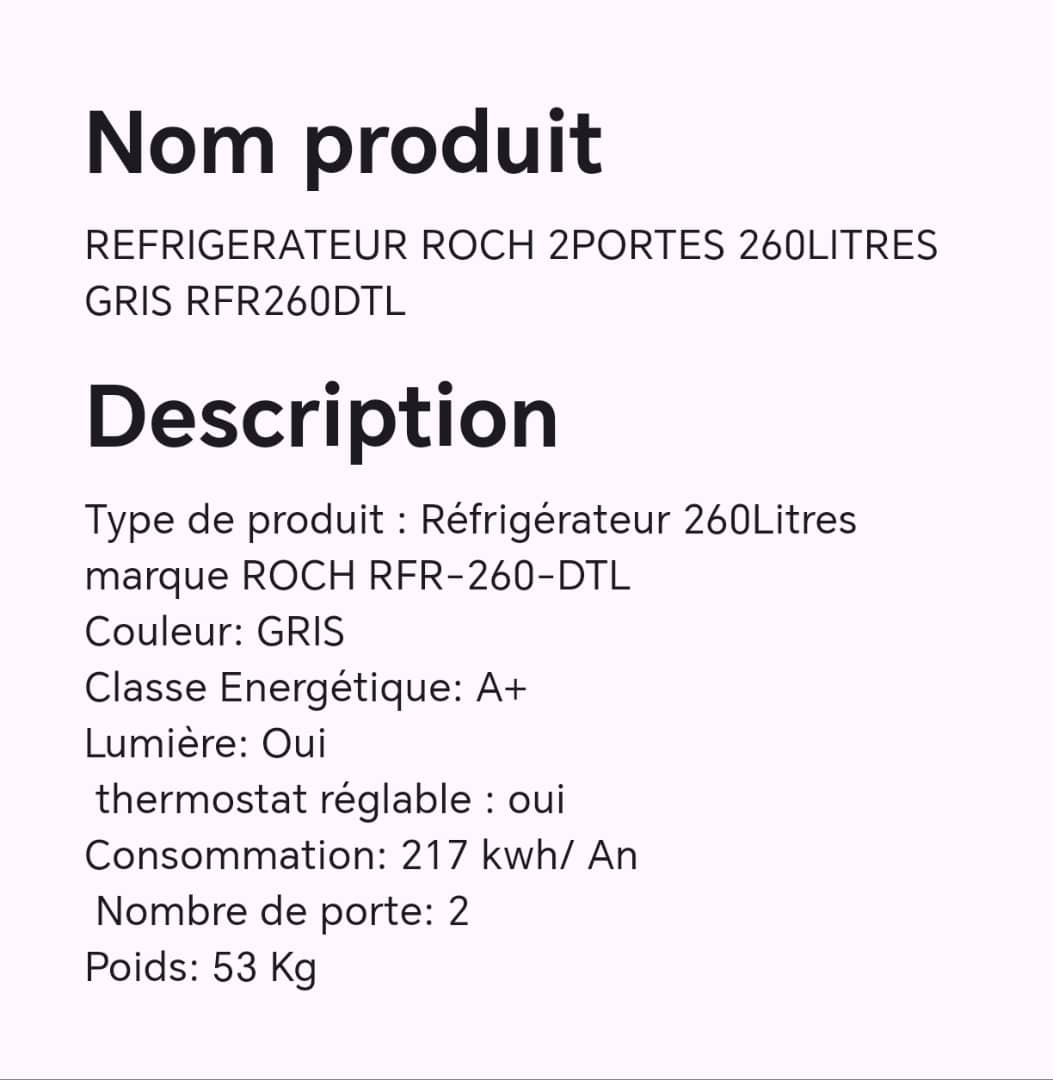 REFRIGERATEUR ROCH 2PORTES 260LITRES GRIS RFR260DTL REFRIGERATEUR ROCH 2PORTES 260LITRES GRIS RFR260DTL