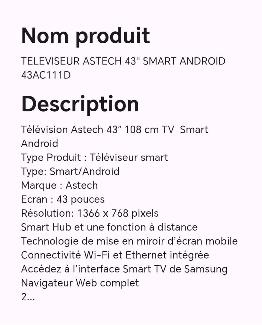 TELEVISEUR ASTECH 43" SMART ANDROID 43AC111D TELEVISEUR ASTECH 43" SMART ANDROID 43AC111D
