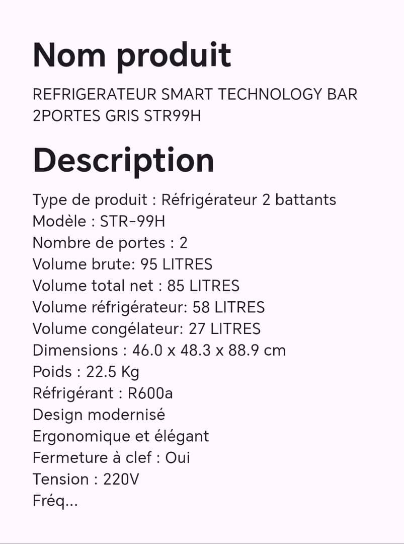 REFRIGERATEUR SMART TECHNOLOGY BAR 2PORTES GRIS STR99H REFRIGERATEUR SMART TECHNOLOGY BAR 2PORTES GRIS STR99H