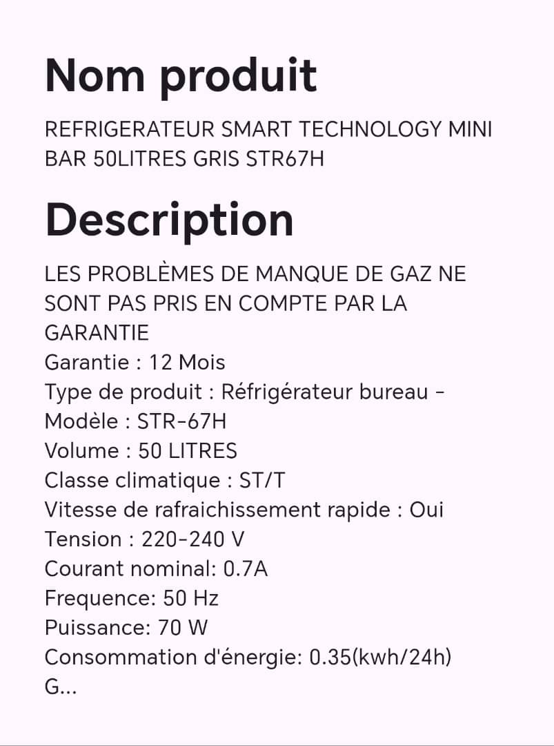 REFRIGERATEUR SMART TECHNOLOGY MINI BAR 50LITRES GRIS STR67H REFRIGERATEUR SMART TECHNOLOGY MINI BAR 50LITRES GRIS STR67H