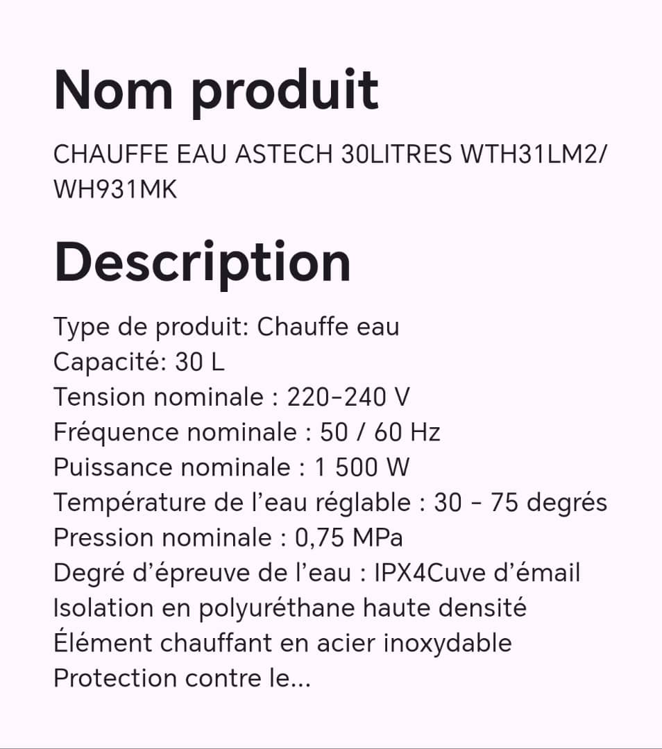 CHAUFFE EAU ASTECH 30LITRES WTH31LM2/ WH931MK CHAUFFE EAU ASTECH 30LITRES WTH31LM2/ WH931MK