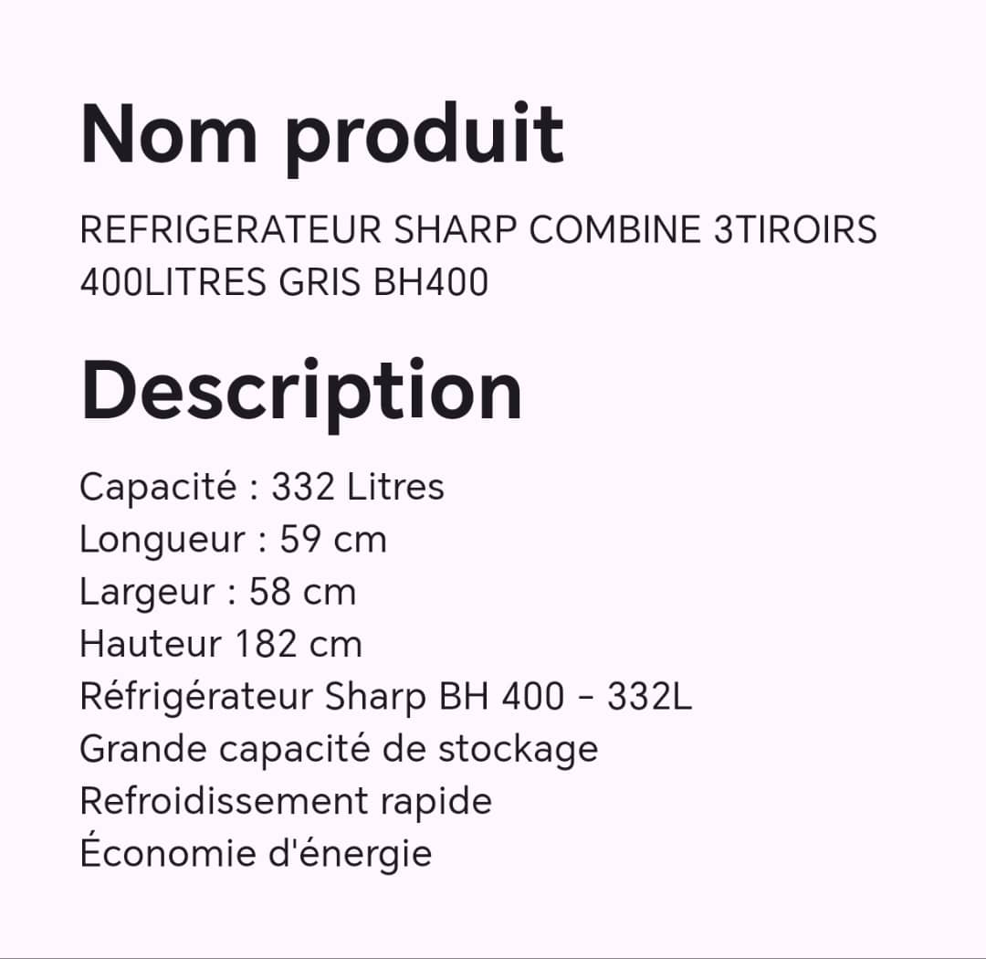 REFRIGERATEUR SHARP COMBINE 3TIROIRS 400LITRES GRIS BH400 REFRIGERATEUR SHARP COMBINE 3TIROIRS 400LITRES GRIS BH400