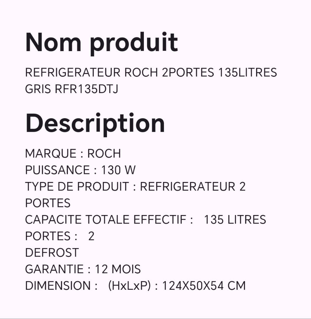 REFRIGERATEUR ROCH 2PORTES 135LITRES GRIS RFR135DTJ REFRIGERATEUR ROCH 2PORTES 135LITRES GRIS RFR135DTJ