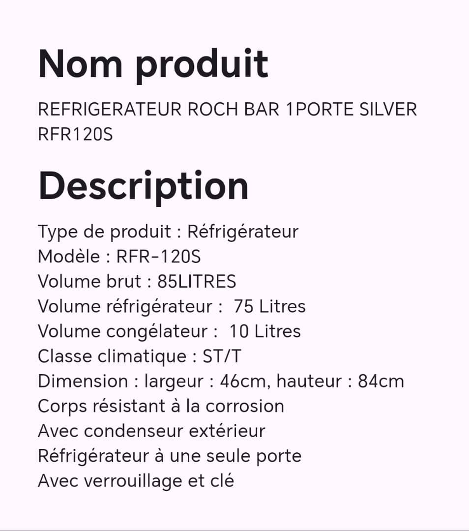 REFRIGERATEUR ROCH BAR 1PORTE SILVER RFR120S REFRIGERATEUR ROCH BAR 1PORTE SILVER RFR120S