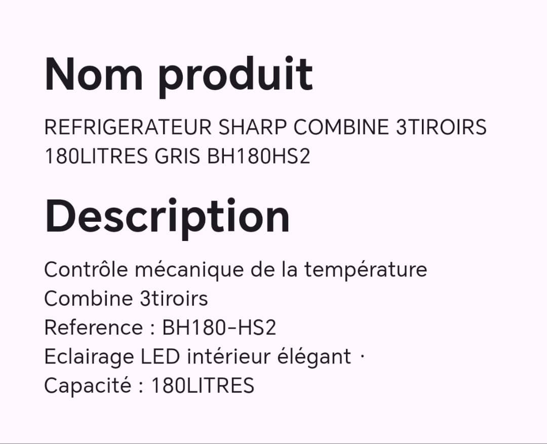 REFRIGERATEUR SHARP COMBINE 3TIROIRS 180LITRES GRIS BH180HS2 REFRIGERATEUR SHARP COMBINE 3TIROIRS 180LITRES GRIS BH180HS2