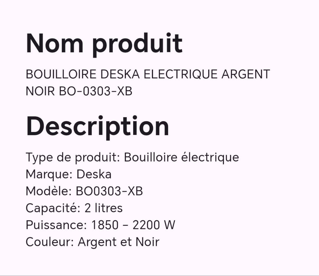 BOUILLOIRE DESKA ELECTRIQUE ARGENT NOIR BO-0303-XB BOUILLOIRE DESKA ELECTRIQUE ARGENT NOIR BO-0303-XB