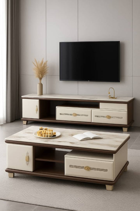 TABLE TÉLÉVISEUR MARRON BEIGE 150X34 TV430 + TABLE BASSE 120X60 430