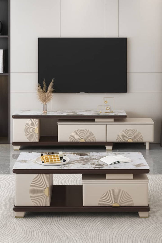 TABLE TÉLÉVISEUR MARRON BEIGE 150X34 TV531 + TABLE BASSE 120X60 431