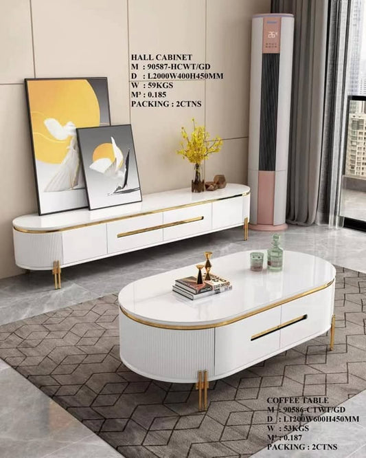 TABLE TELEVISEUR BLANC 2M + TABLE BASSE 1M20