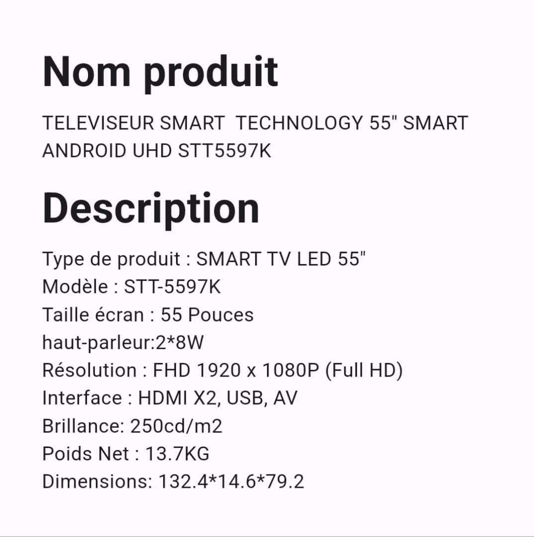 Téléviseur Smart Technology 55" Smart Android Téléviseur Smart Technology 55" Smart Android
