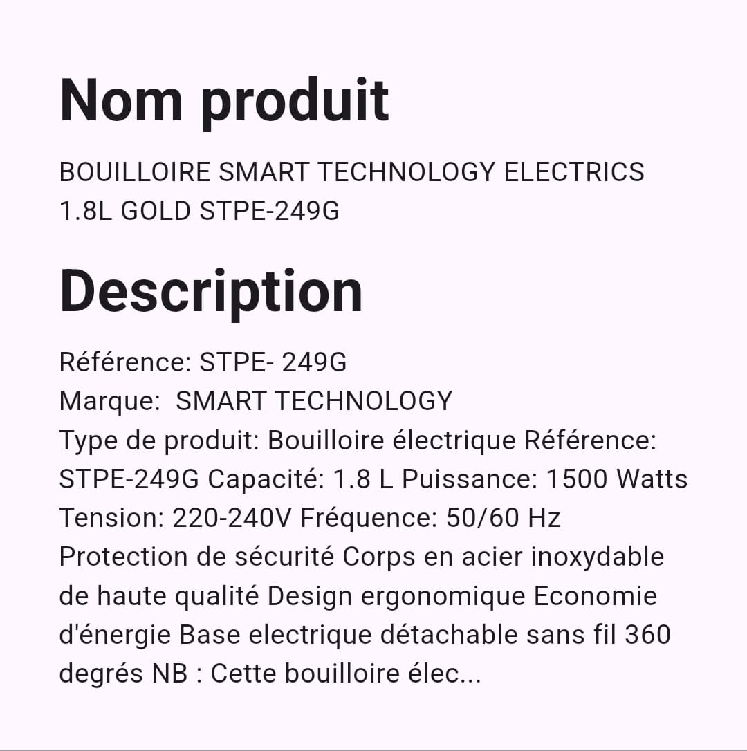 Bouilloire Smart Technology Electrique 1,8 Litres GOLD STPE249G Bouilloire Smart Technology Electrique 1,8 Litres GOLD STPE249G