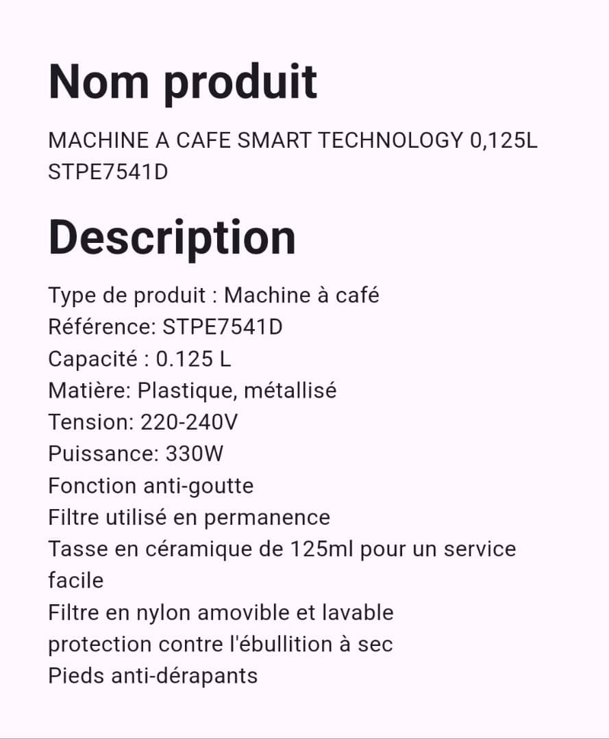 Machine à café Smart Technology 0,125 Litre STPE 7541 Machine à café Smart Technology 0,125 Litre STPE 7541