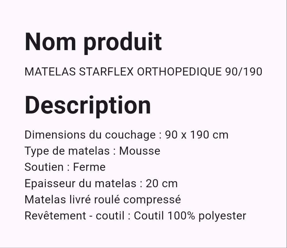 Matelas Starflex orthopédique 90/190 Matelas Starflex orthopédique 90/190