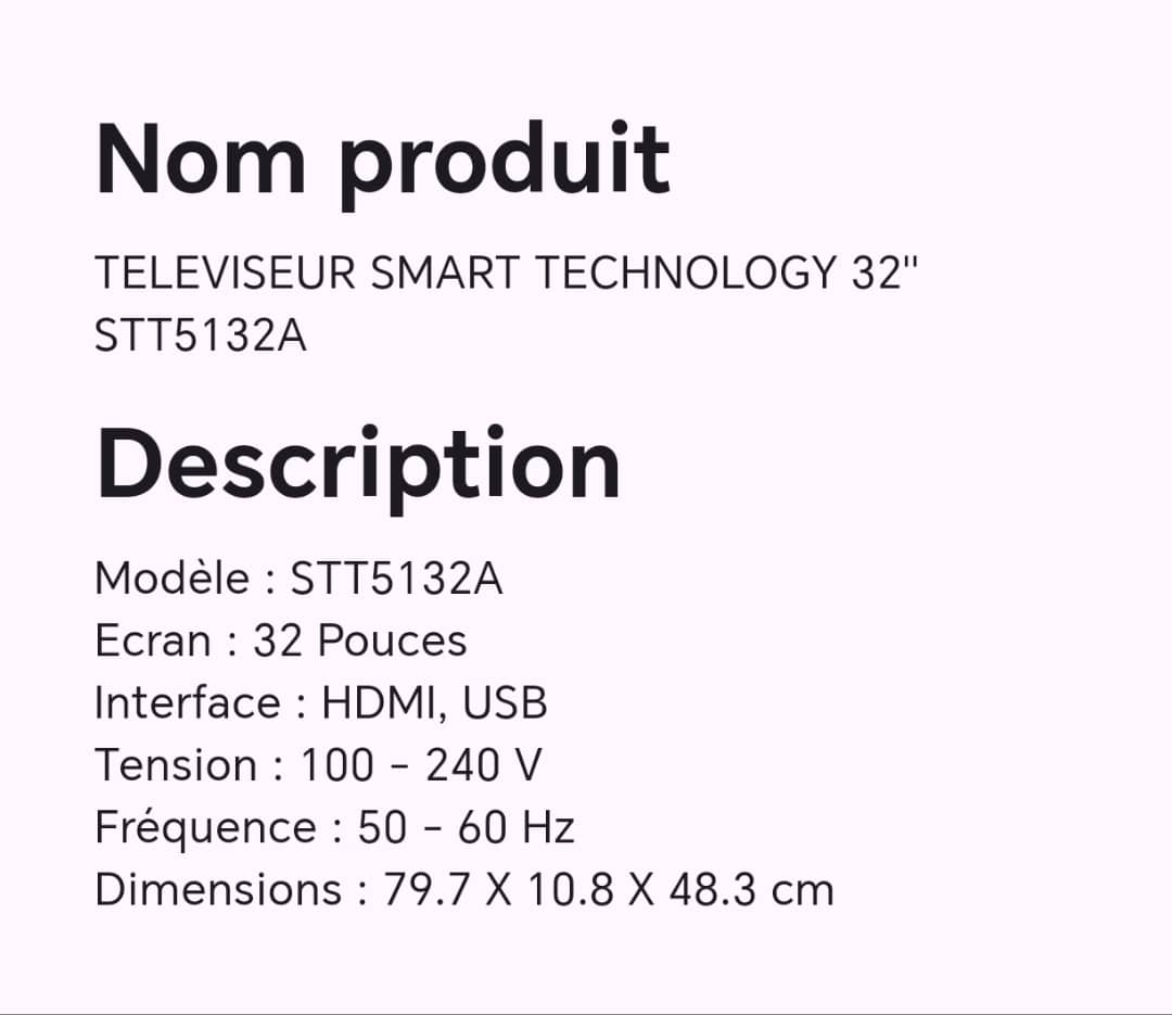 TELEVISEUR SMART TECHNOLOGY 32" STT5132A TELEVISEUR SMART TECHNOLOGY 32" STT5132A