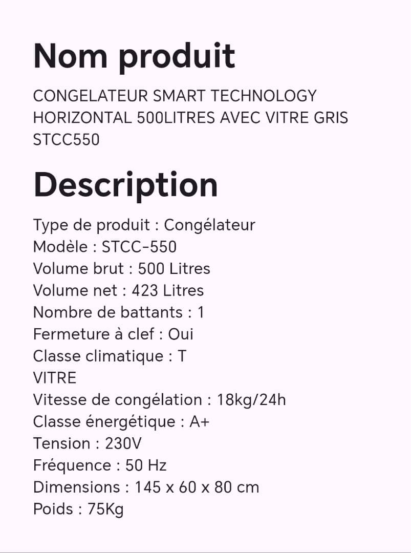CONGELATEUR SMART TECHNOLOGY HORIZONTAL 500LITRES GRIS STCC550 CONGELATEUR SMART TECHNOLOGY HORIZONTAL 500LITRES GRIS STCC550