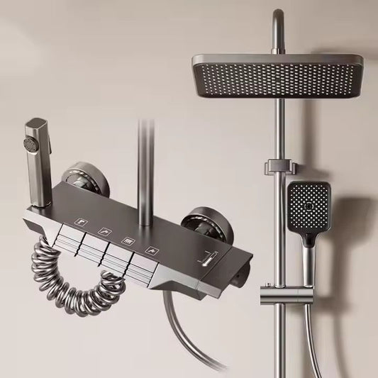 Pommeau de douche Gris effet pluie avec douchette à main, pommeau de douche haute pression de 30 cm avec bouton de commande à 4 fonctions, douchette à main à 3 jets avec support et flexible, pommeau de douche cascade anti-fuite