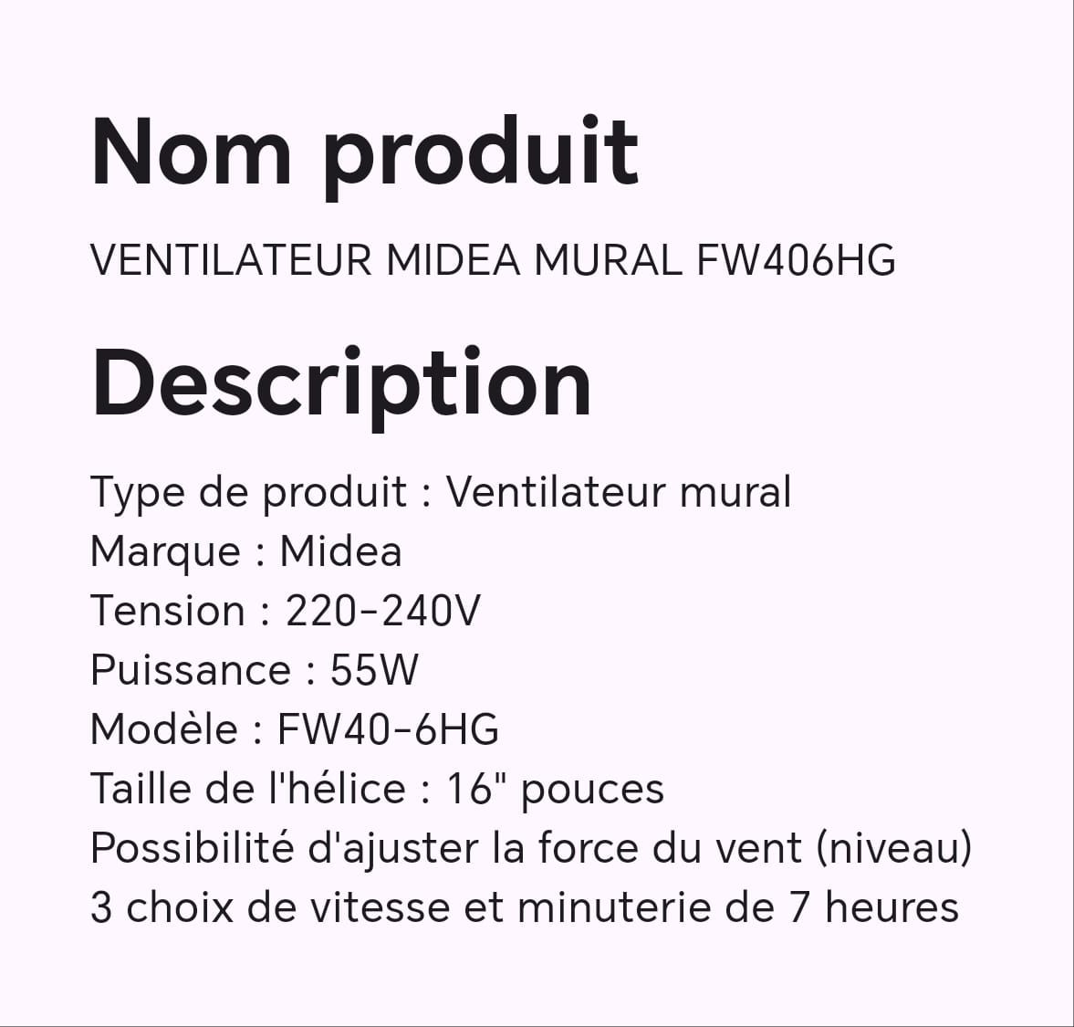 VENTILATEUR MIDEA MURAL FW406HG VENTILATEUR MIDEA MURAL FW406HG