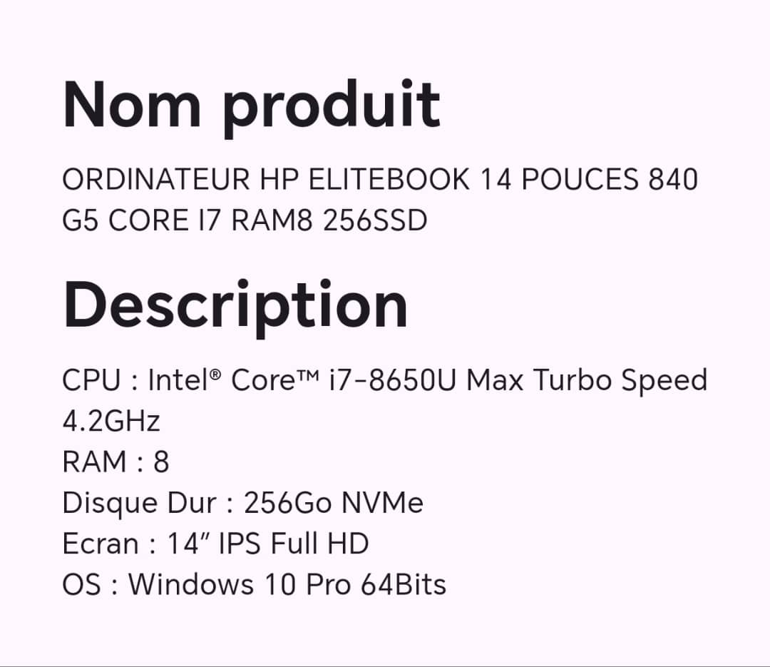ORDINATEUR HP ELITEBOOK 14 POUCE 840 G5 CORE I7 RAM8 256SSD ORDINATEUR HP ELITEBOOK 14 POUCE 840 G5 CORE I7 RAM8 256SSD