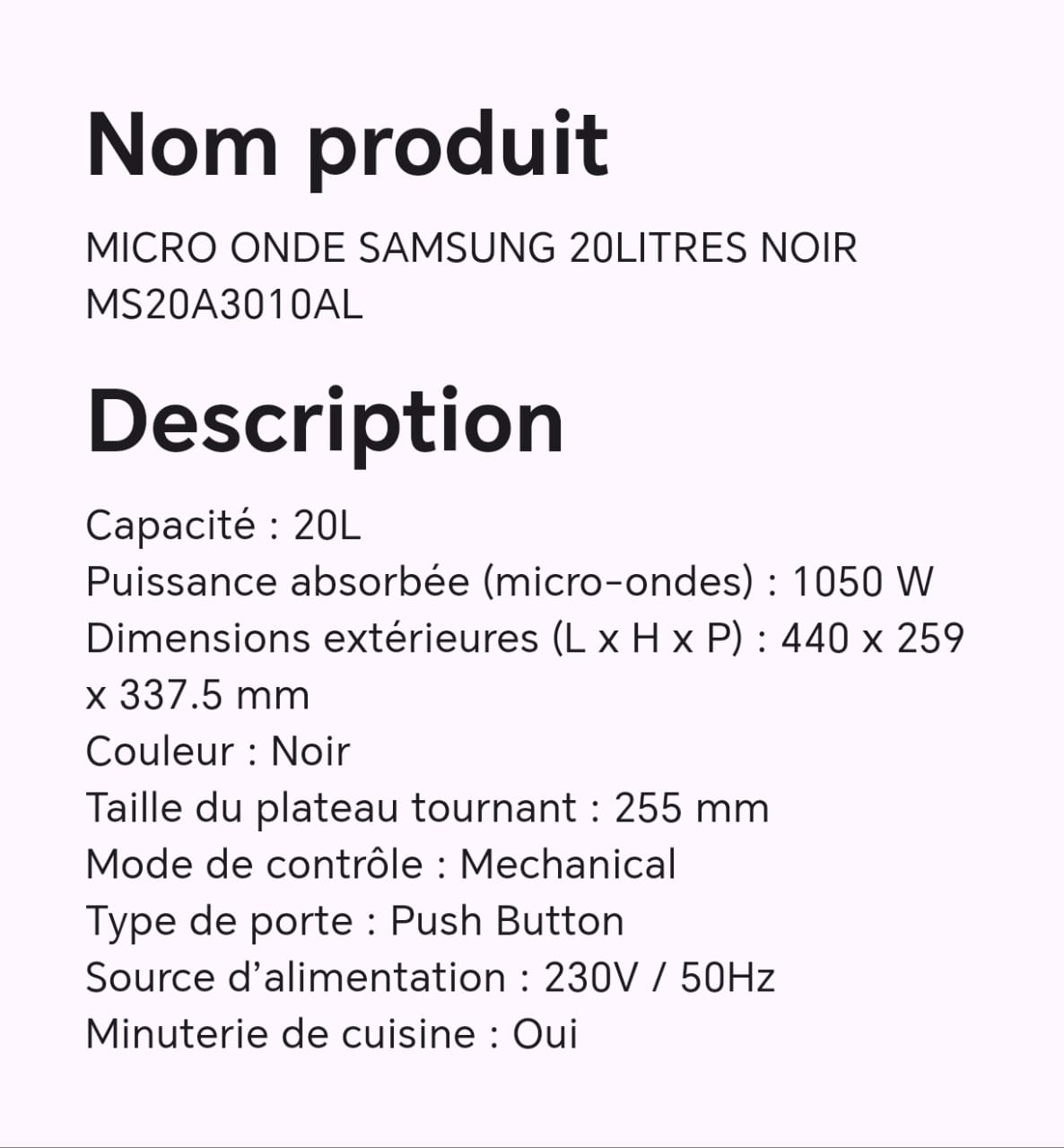 MICRO ONDE SAMSUNG 20LITRES NOIR MS20A3010AL MICRO ONDE SAMSUNG 20LITRES NOIR MS20A3010AL