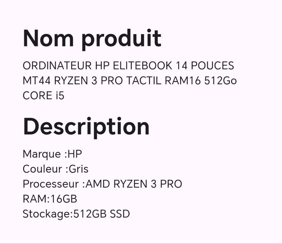 ORDINATEUR HP ELITEBOOK 14 POUCES MT44 RYZEN 3 PRO TACTIL RAM16 512GO CORE I5 ORDINATEUR HP ELITEBOOK 14 POUCES MT44 RYZEN 3 PRO TACTIL RAM16 512GO CORE I5