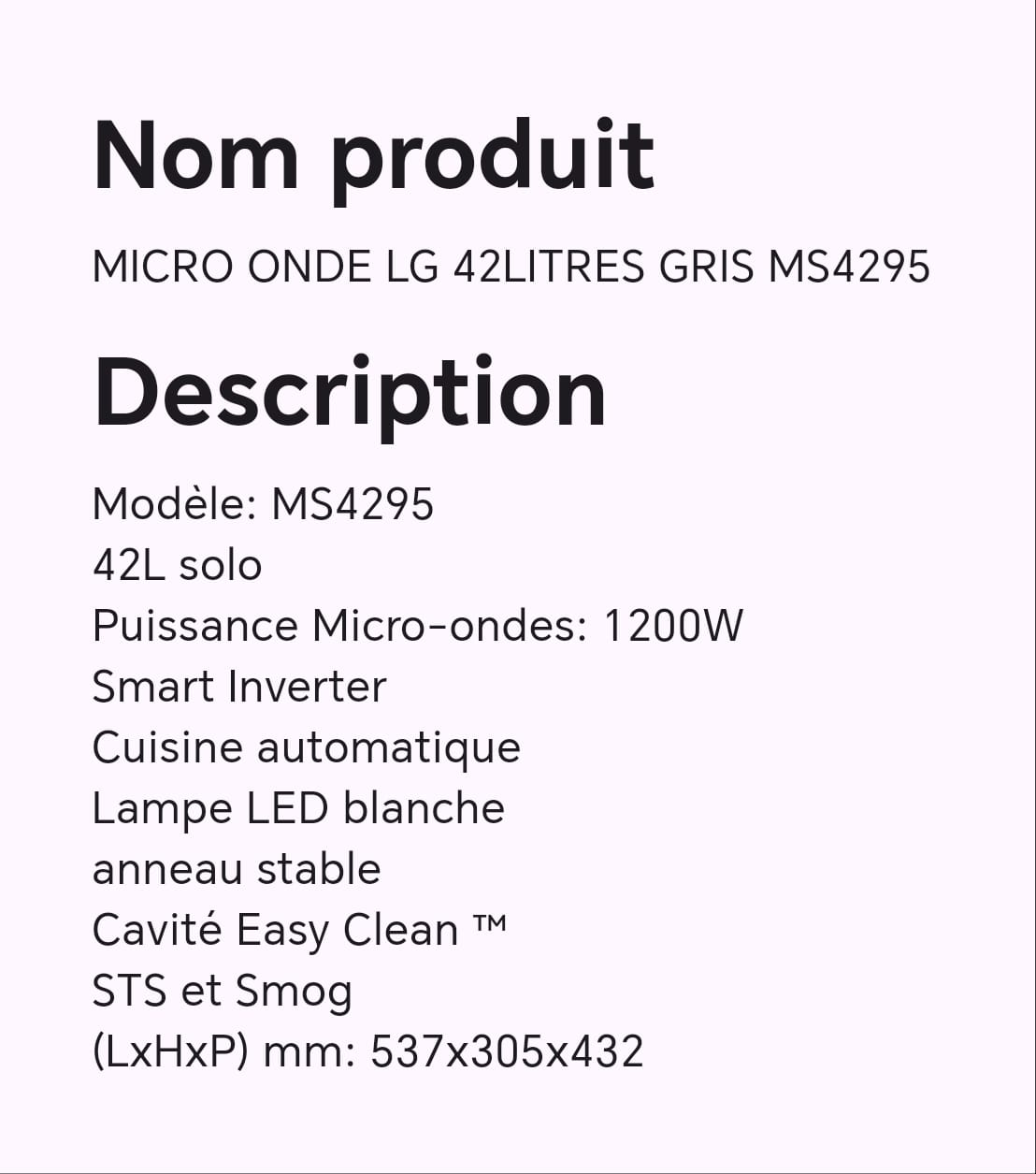 MICRO ONDE LG 42LITRES GRIS MS4295 MICRO ONDE LG 42LITRES GRIS MS4295