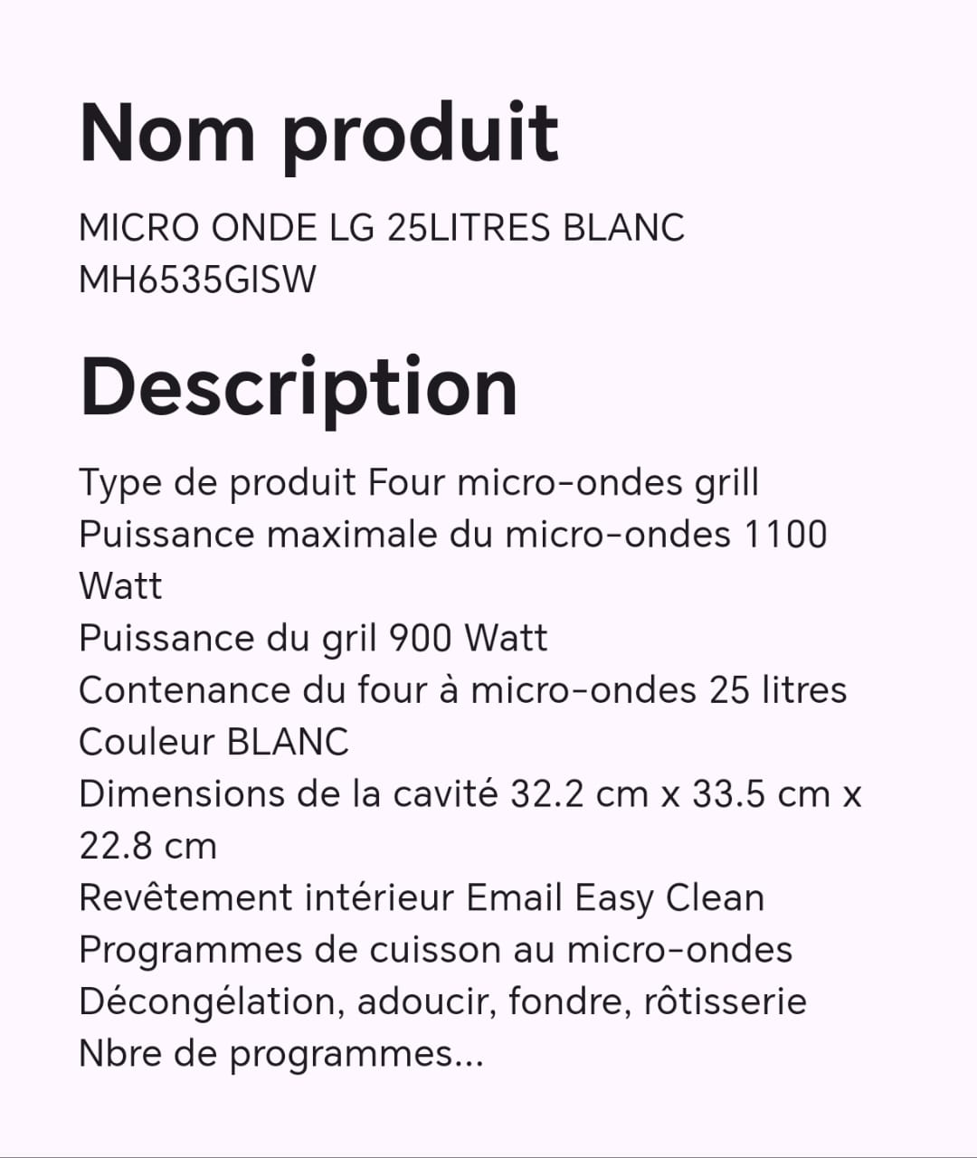 MICRO ONDE LG 25 LITRES BLANC MH6535GISW MICRO ONDE LG 25 LITRES BLANC MH6535GISW