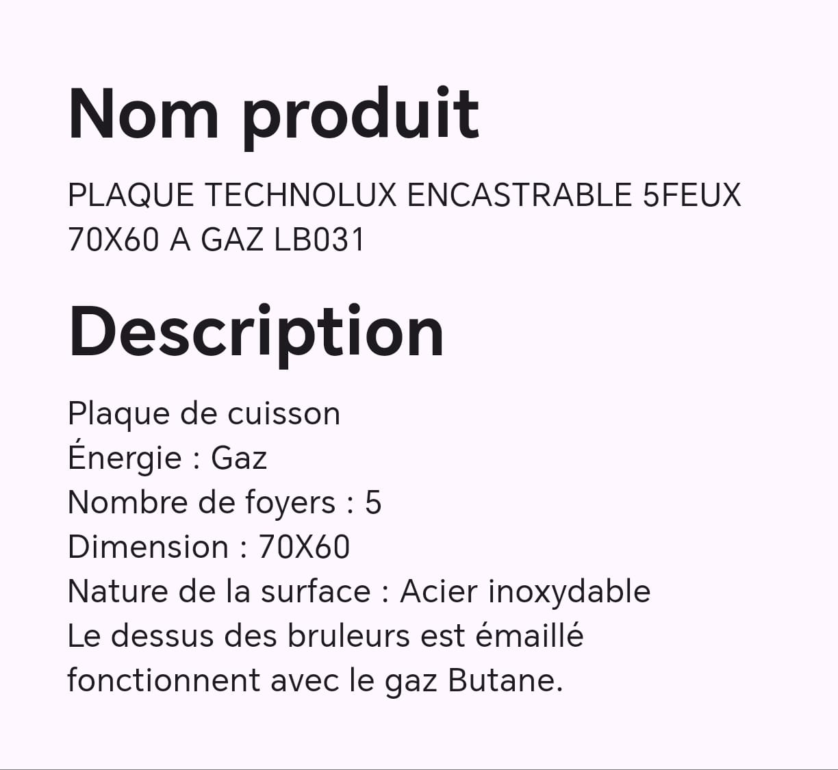 PLAQUE TECHNOLUX ENCASTRABLE 5FEUX 70X60 A GAZ LB031 PLAQUE TECHNOLUX ENCASTRABLE 5FEUX 70X60 A GAZ LB031