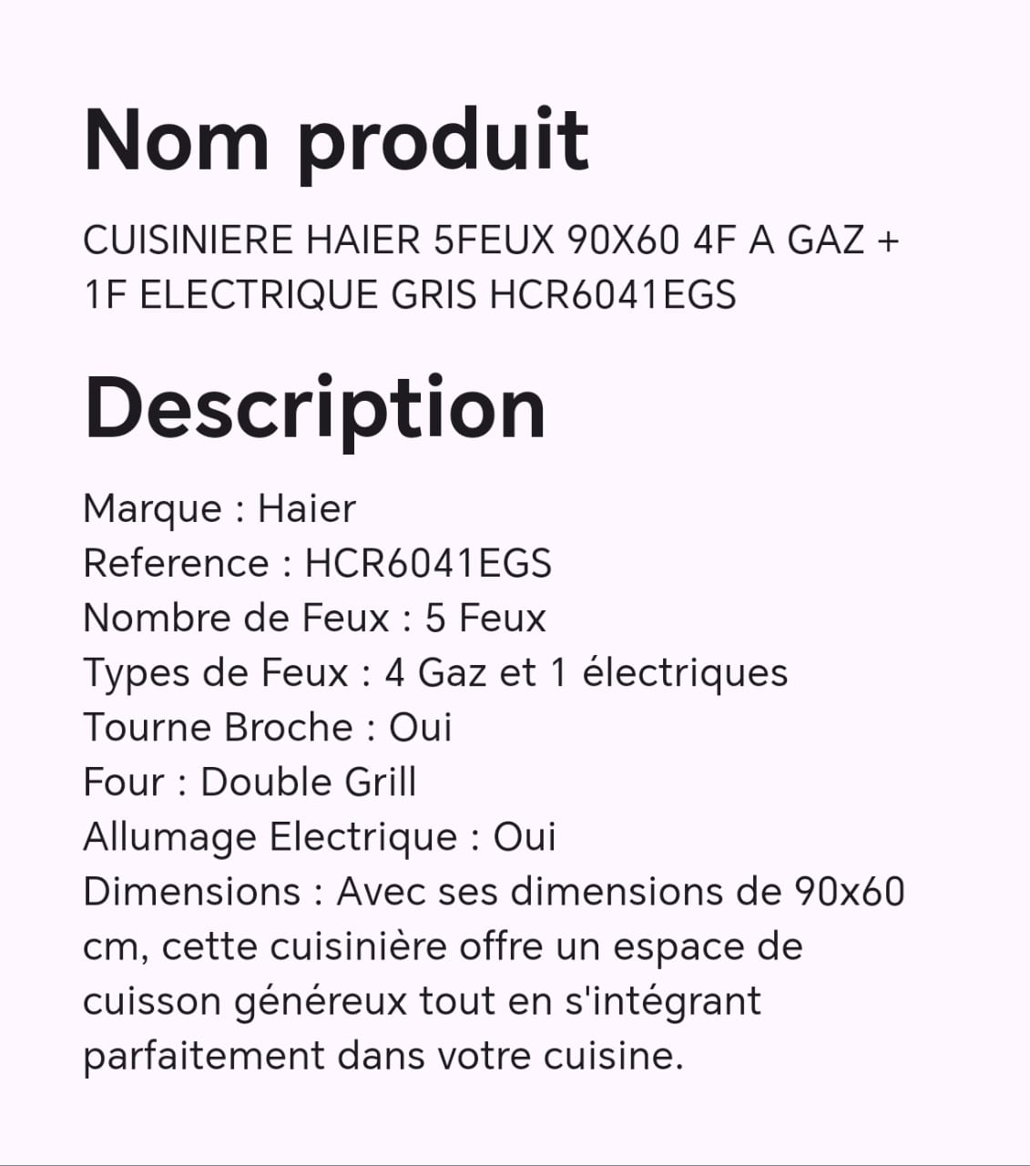 CUISINIERE HAIER 5FEUX 90X60 4FEUX A GAZ + 1FEU ELECTRIQUE GRIS HCR6041EGS CUISINIERE HAIER 5FEUX 90X60 4FEUX A GAZ + 1FEU ELECTRIQUE GRIS HCR6041EGS