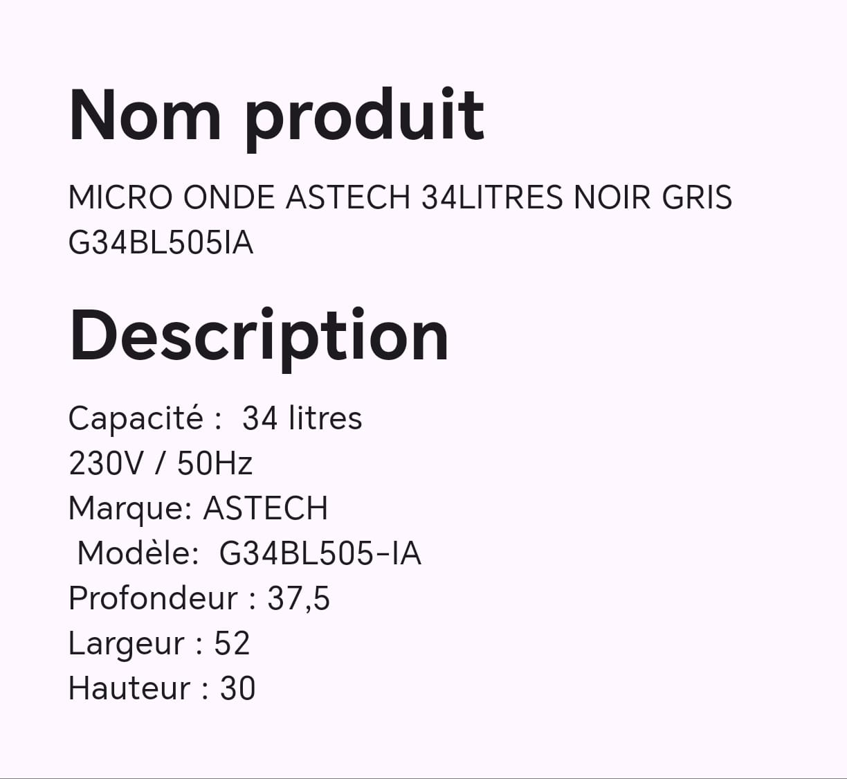 MICRO ONDE ASTECH 34LITRES NOIR GRIS G34BL505IA MICRO ONDE ASTECH 34LITRES NOIR GRIS G34BL505IA