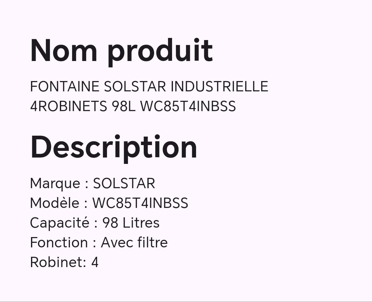 FONTAINE SOLSTAR INDUSTRIELLE 4ROBINETS 98L WC85T4INBSS FONTAINE SOLSTAR INDUSTRIELLE 4ROBINETS 98L WC85T4INBSS