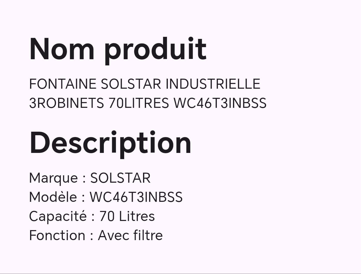 FONTAINE SOLSTAR INDUSTRIELLE 3ROBINETS 70LITRES WC46T3INBSSS FONTAINE SOLSTAR INDUSTRIELLE 3ROBINETS 70LITRES WC46T3INBSSS
