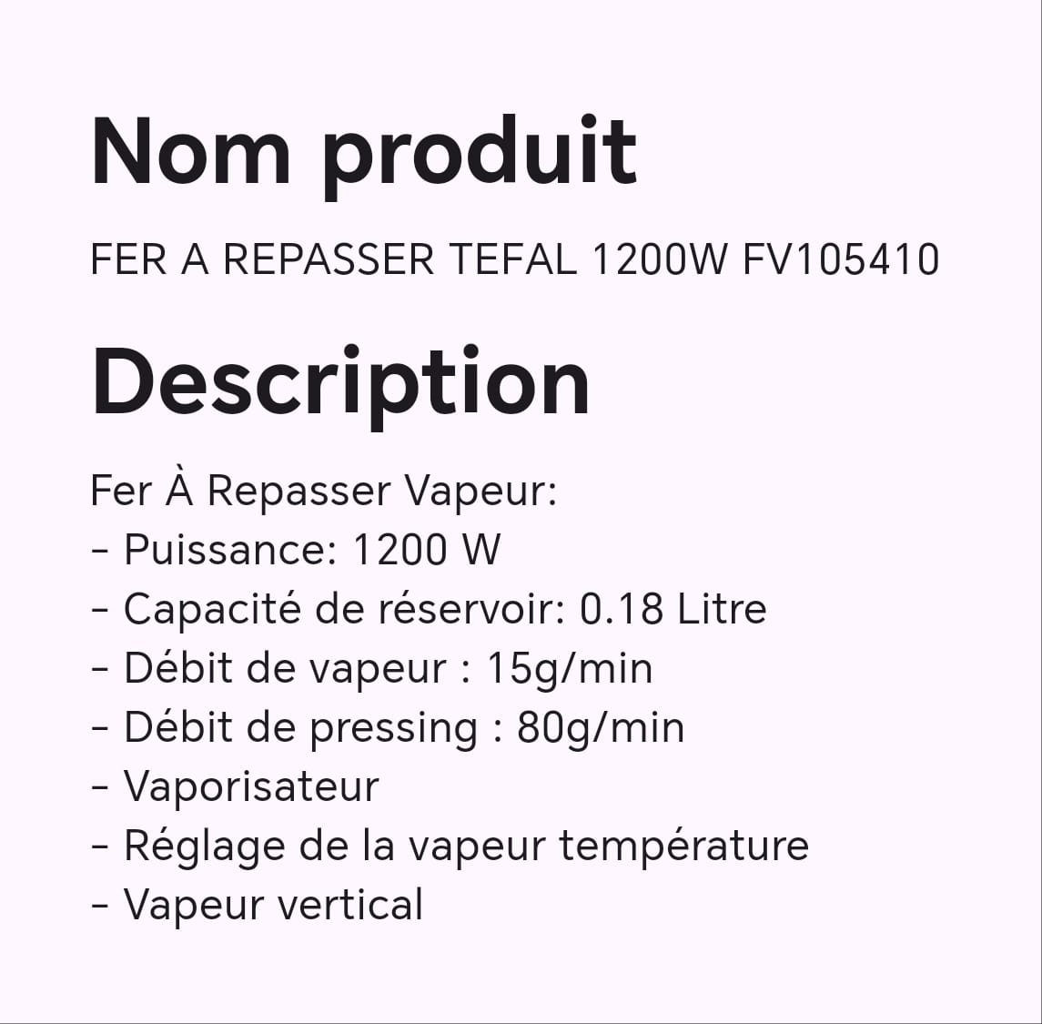 FER A REPASSER TEFAL 1200W FV105410 FER A REPASSER TEFAL 1200W FV105410