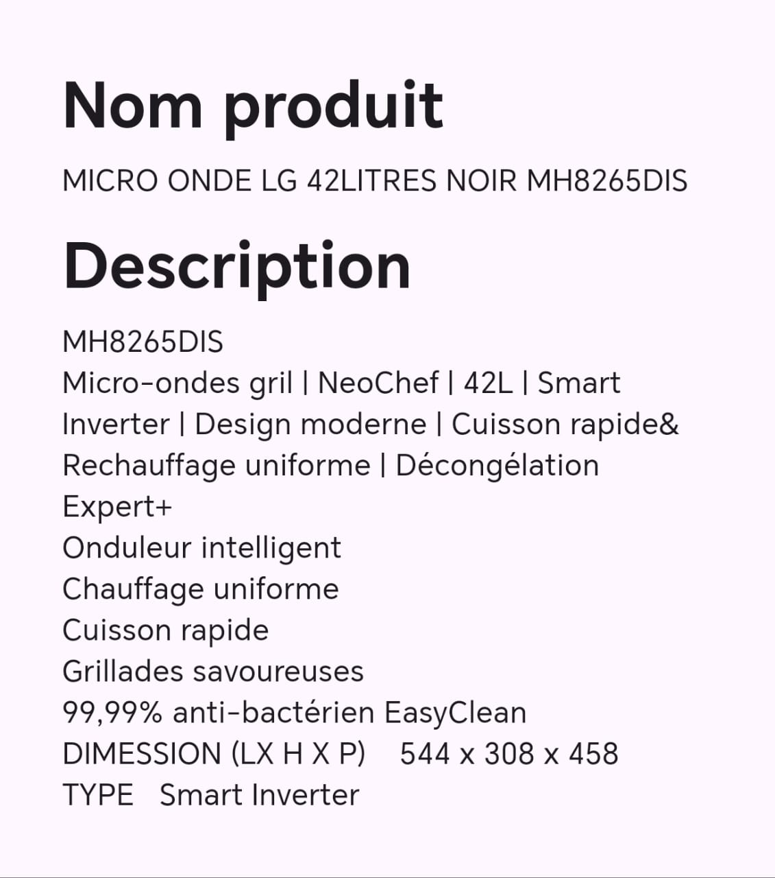MICRO ONDE LG 42LITRES NOIR MH8265DIS MICRO ONDE LG 42LITRES NOIR MH8265DIS