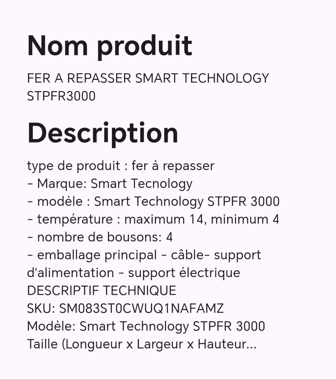 FER A REPASSER SMART TECHNOLOGY STPFR3000 FER A REPASSER SMART TECHNOLOGY STPFR3000