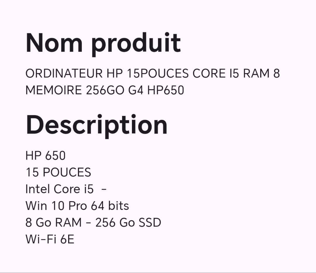 ORDINATEUR HP 15POUCES CORE I5 RAM8 MEMOIRE 256GO G4 HP650 ORDINATEUR HP 15POUCES CORE I5 RAM8 MEMOIRE 256GO G4 HP650